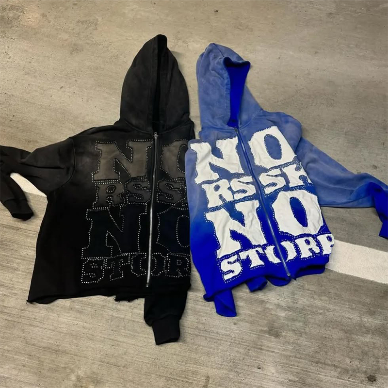 embroidered acid wash zip up hoodie boxy hoodie